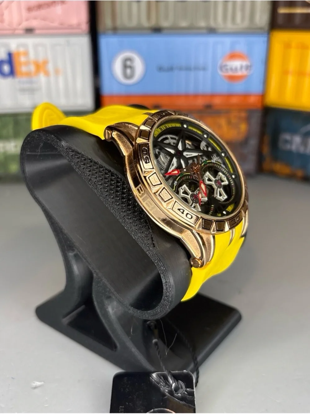 BiBi Automatic Men’s Skeleton Dial Watch with Yellow Strap and Rose Gold Case